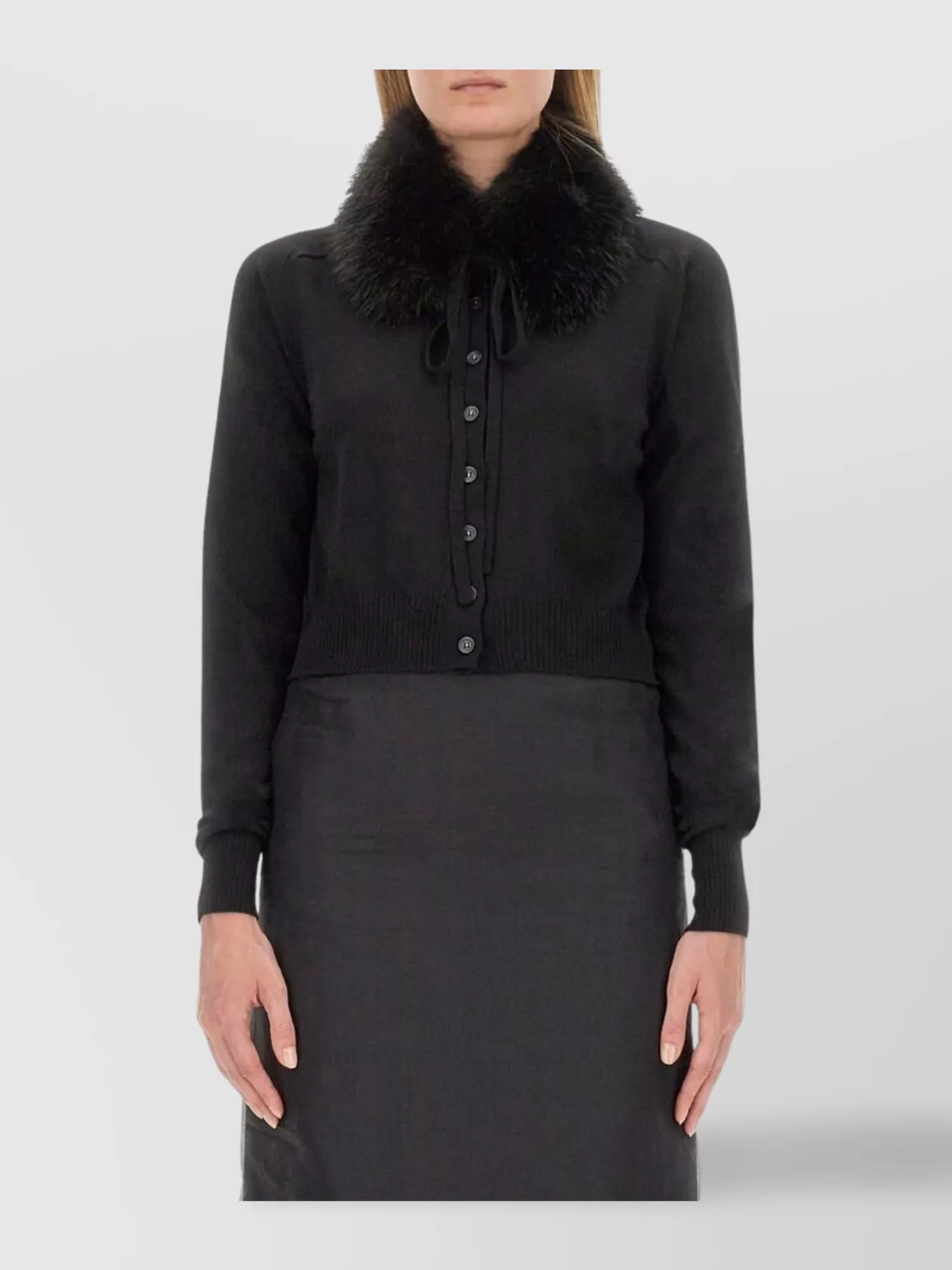 Sportmax Cropped Knit Shirt With Faux Fur Collar In Black
