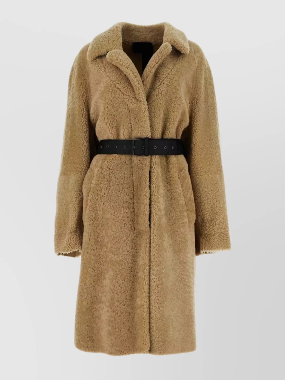 Shop Prada Shearling Coat With Belt And Wide Collar