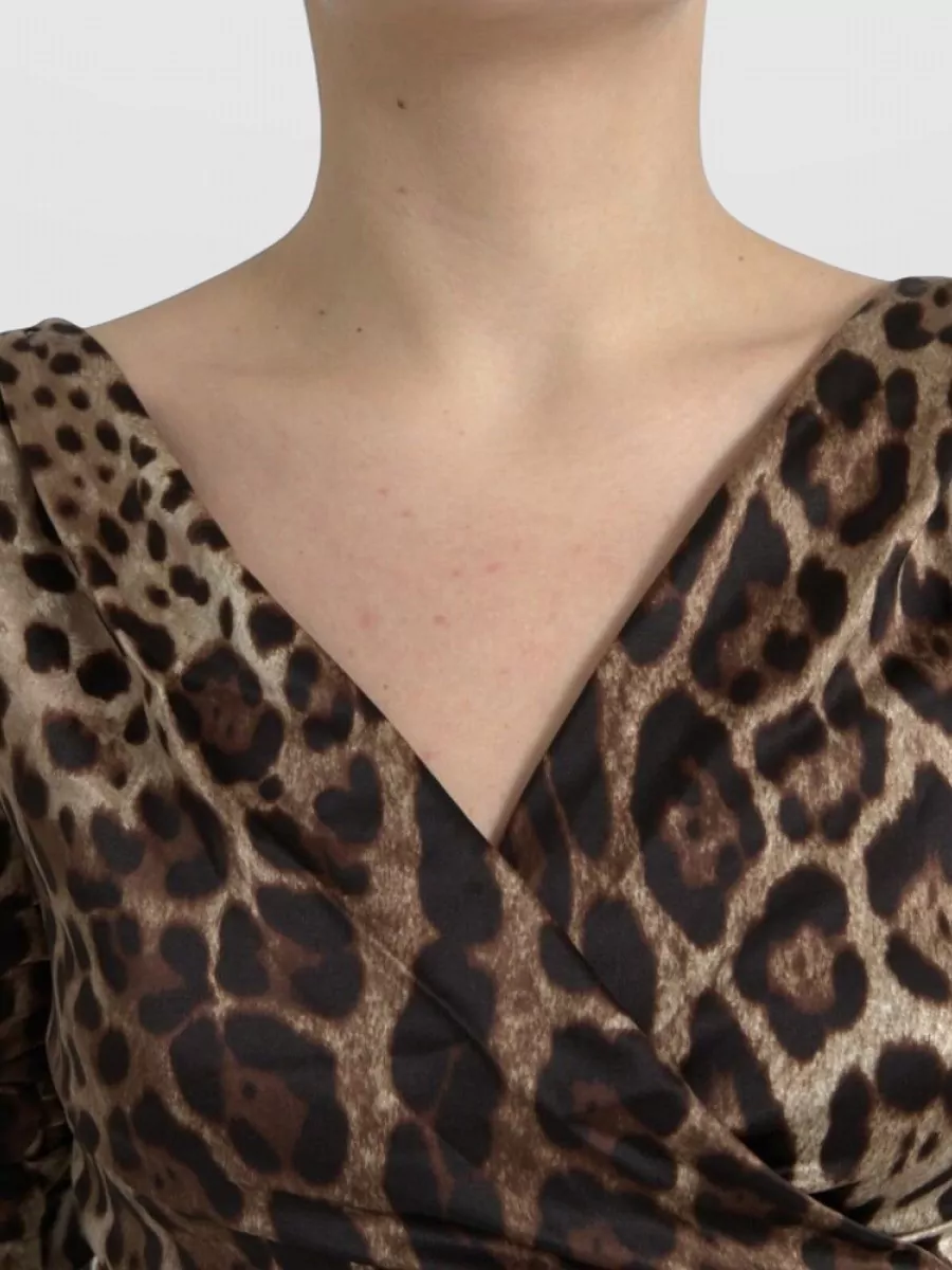 Dolce&Gabbana Silk Leopard-Print V-Neck Long-Sleeve Midi Dress
