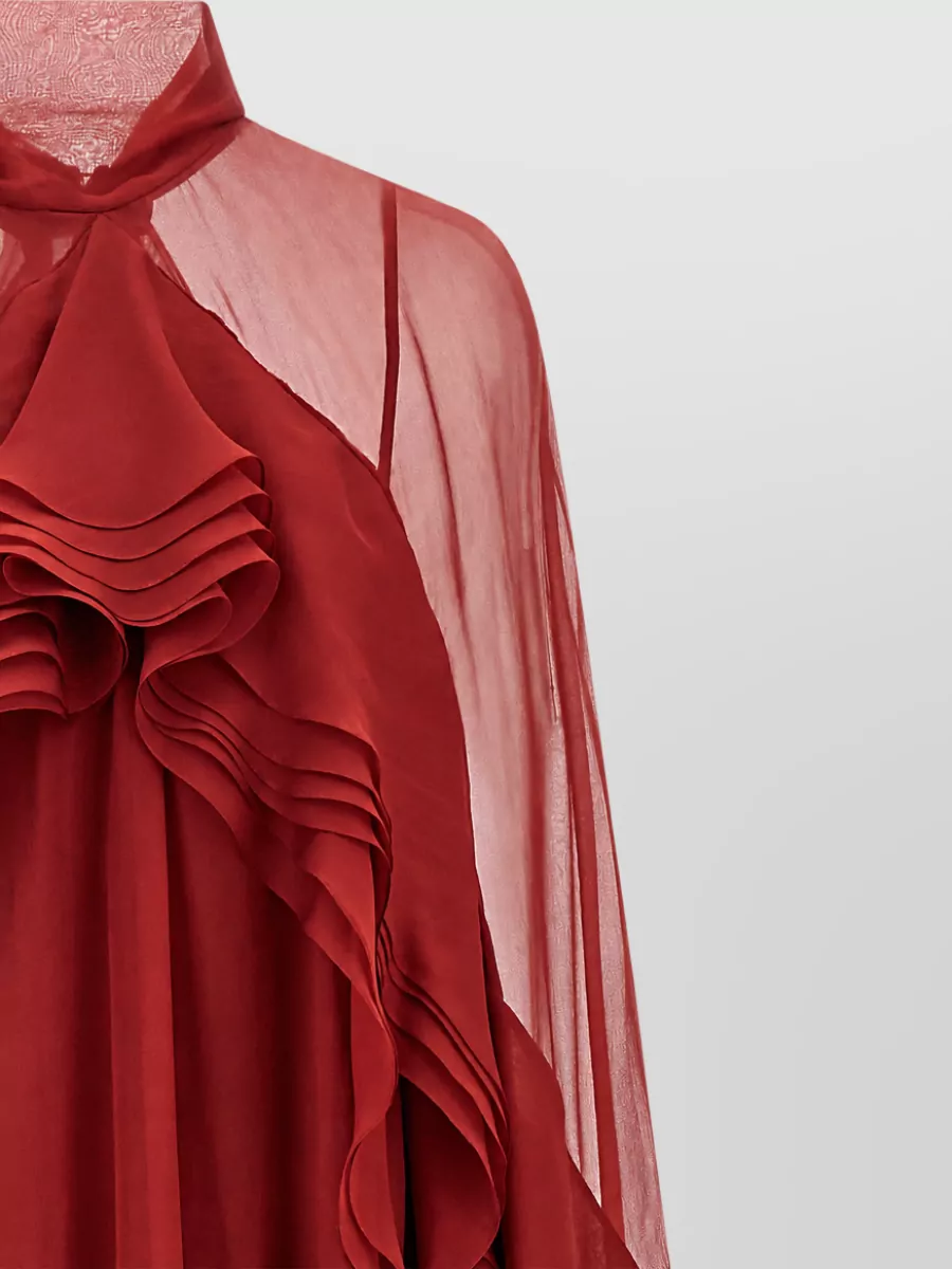 Alberta Ferretti Silk Ruffled High Neck Long Sleeve Maxi Dress