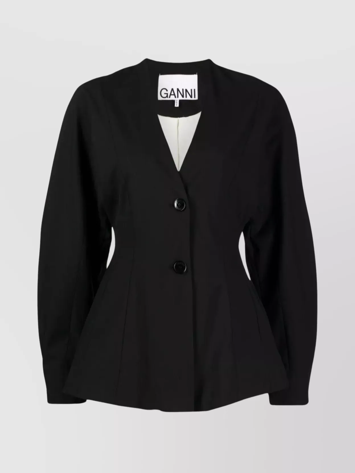 Ganni Tailored V-neck Blazer With Shaped Sleeves And Structured Shoulders In Black