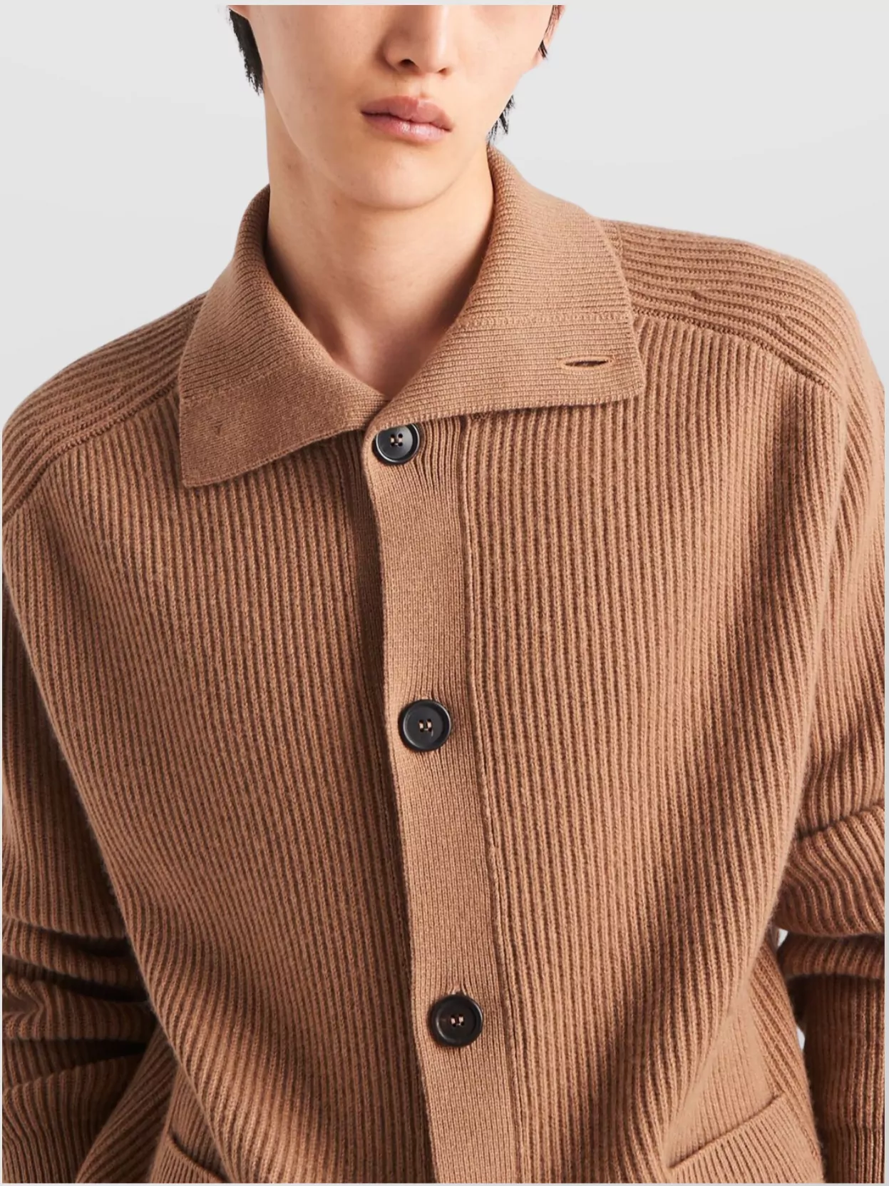 Prada Cashmere Ribbed Texture Cardigan With Patch Pockets
