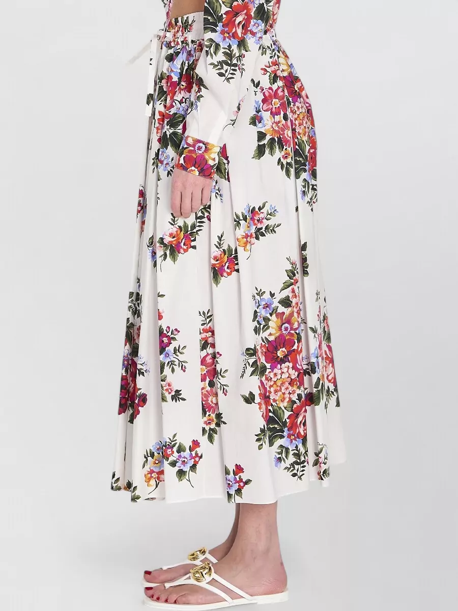 Dolce&Gabbana Cotton Floral Print Pleated Maxi Skirt