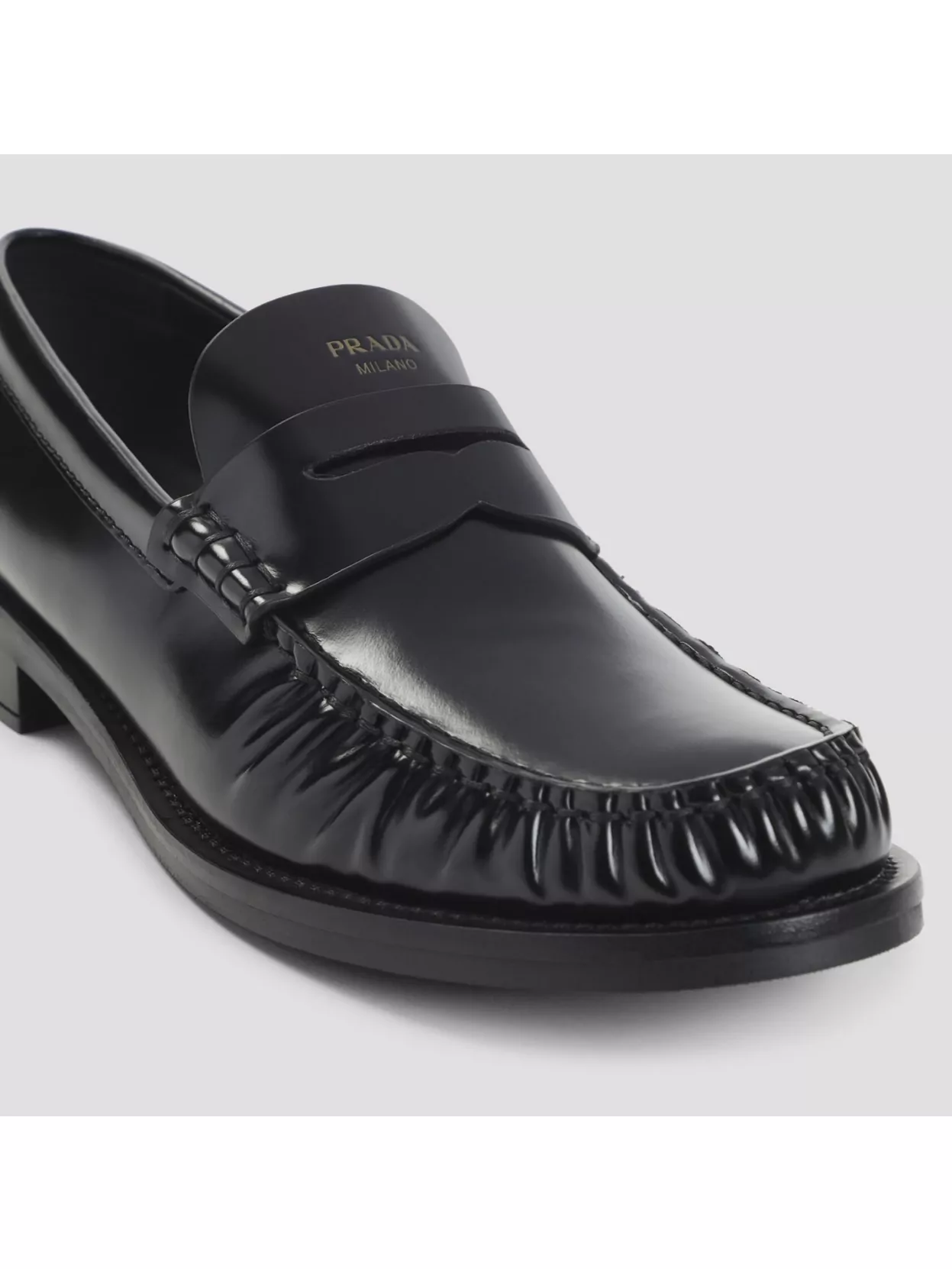 Prada Round Toe Leather Loafers With Shiny Finish