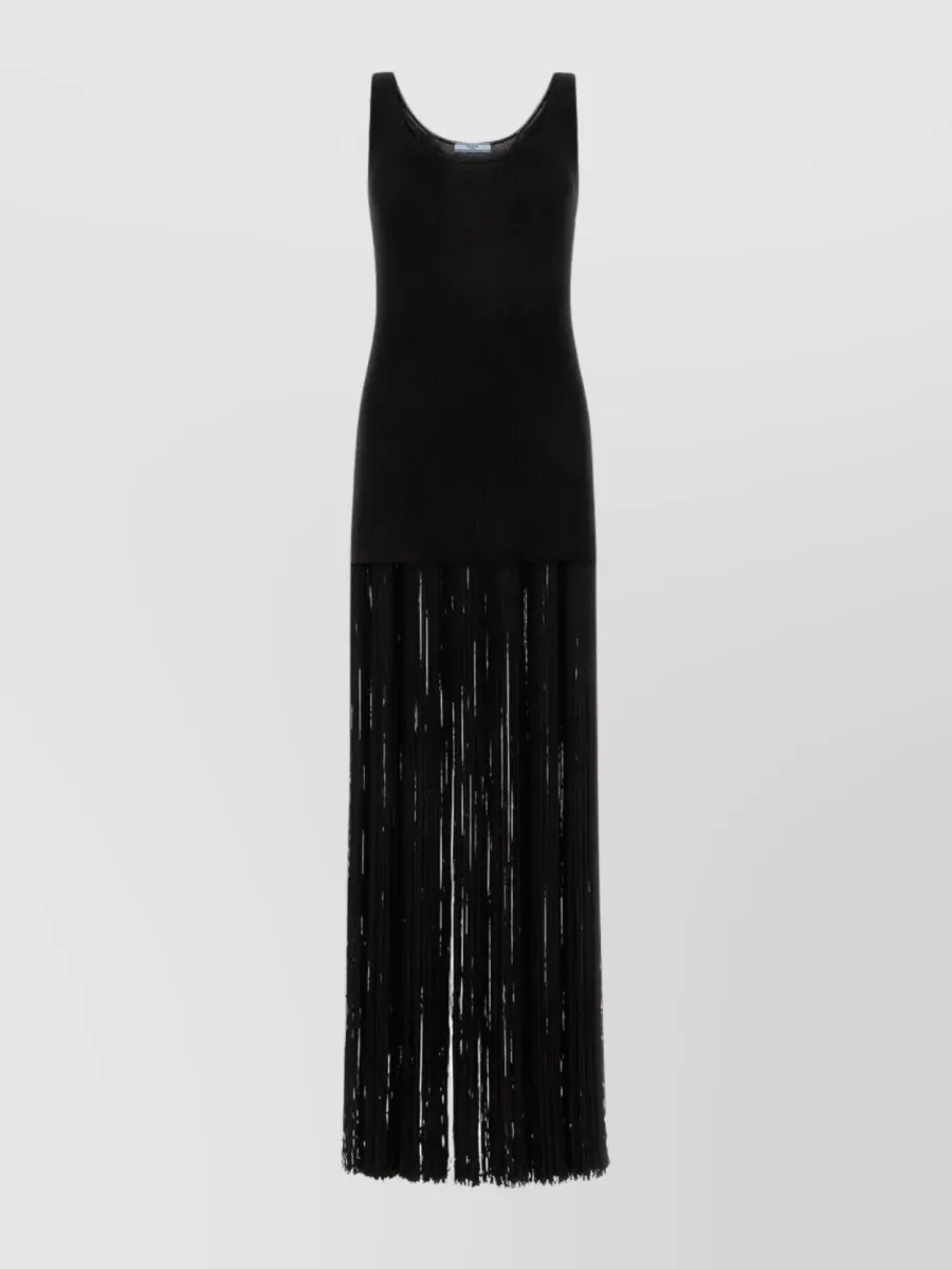 Shop Prada Silk Fringed Knit Dress In Black