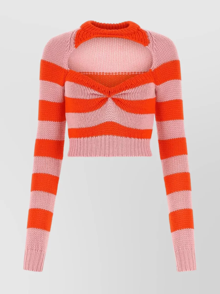 Shop Marni Striped Embroidered Wool Crew Sweater In Red