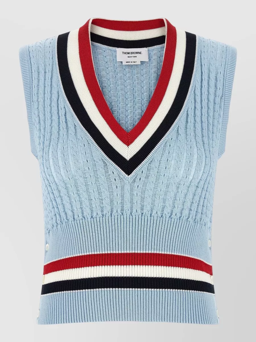 Thom Browne Rwb Knit Vest V Neck Striped Trim In Blue