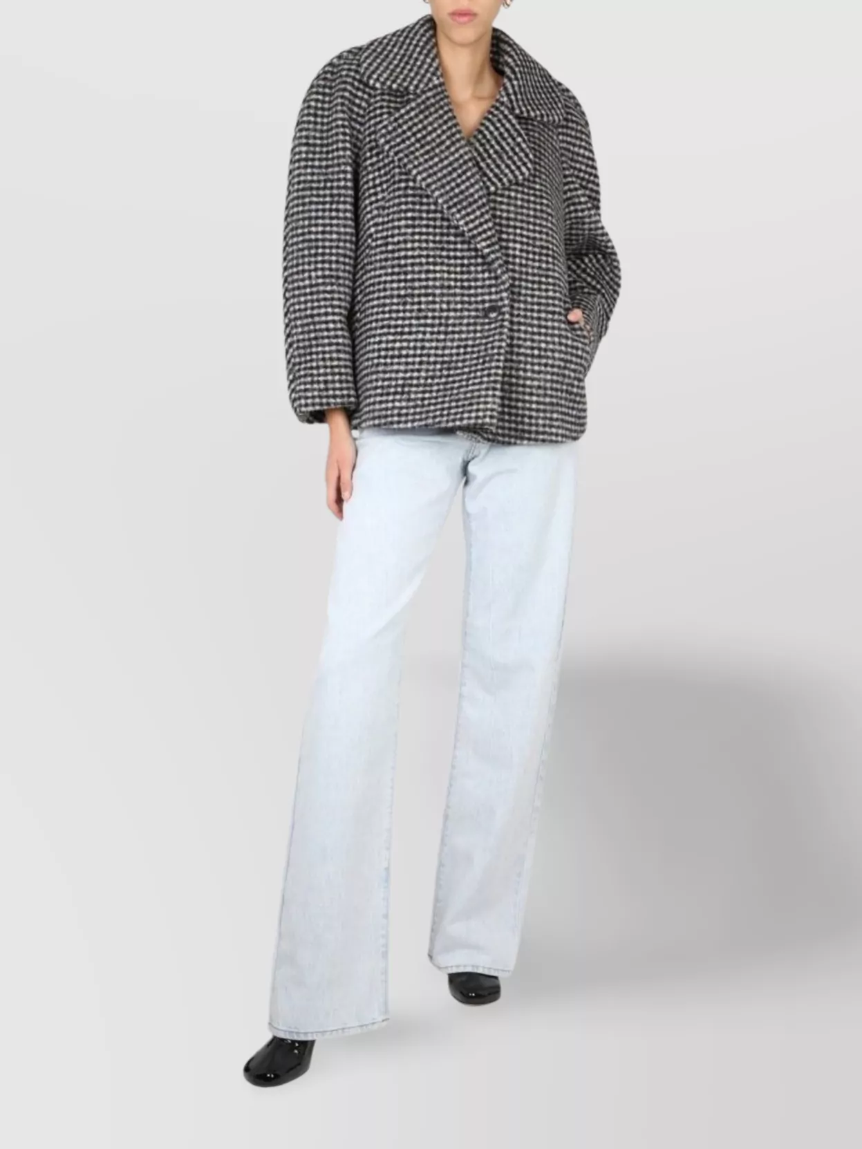 Dries Van Noten Houndstooth Boxy Coat Wide Lapels In Black