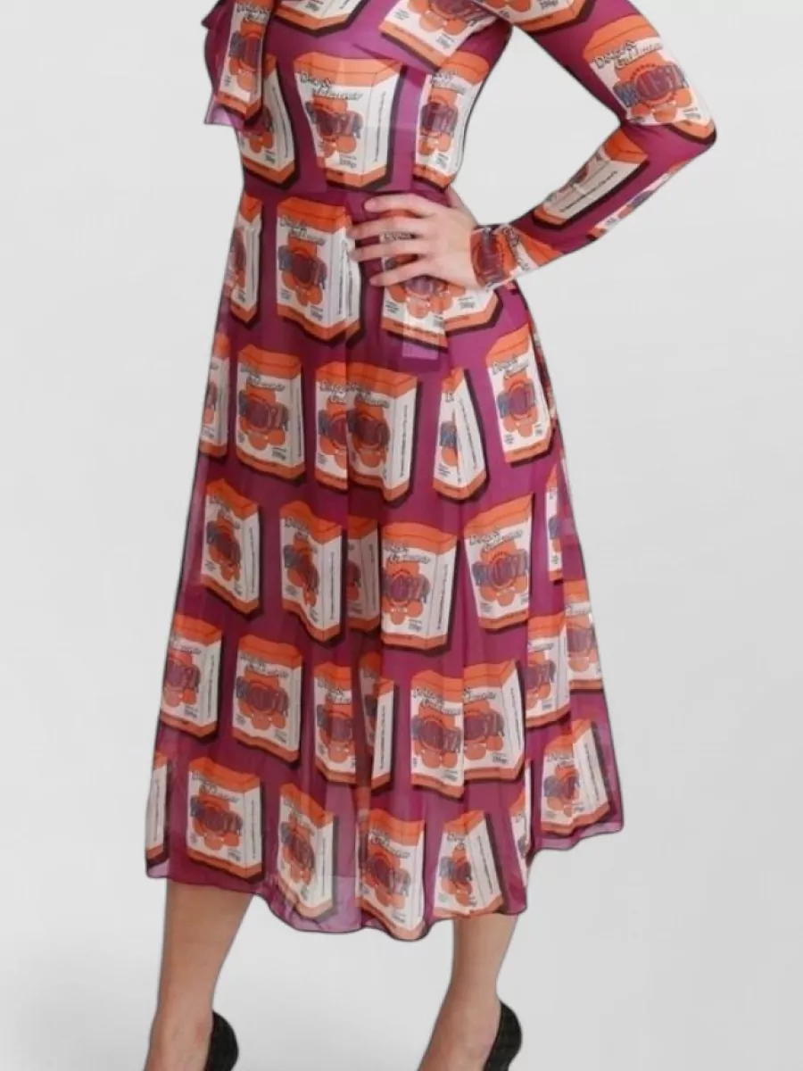 Dolce&Gabbana Silk Printed Tie-Neck Long-Sleeve Midi Dress