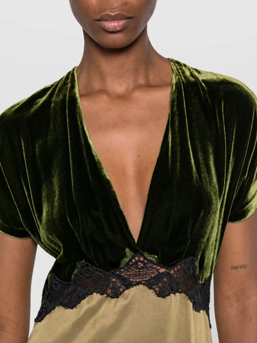 Forte Forte Velvet Lace Trim V-Neck Short-Sleeve Maxi Dress