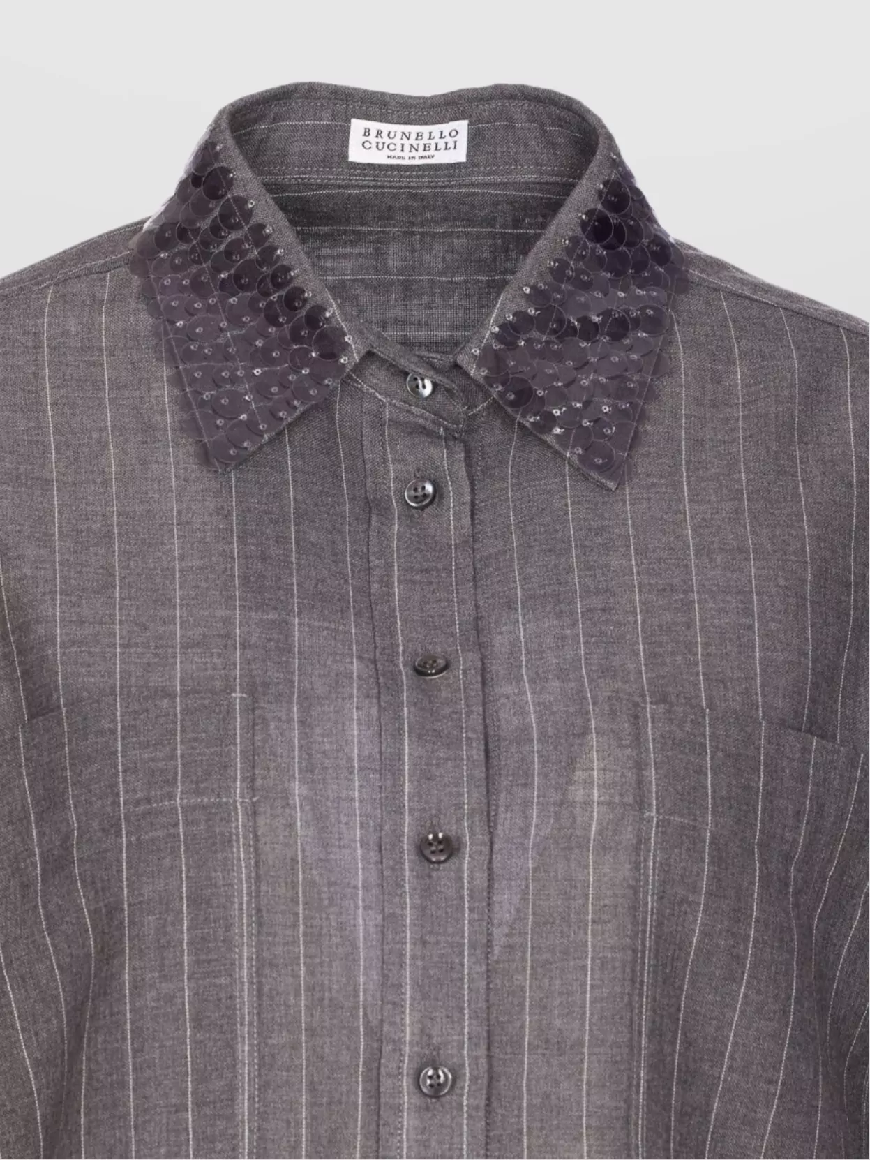 Brunello Cucinelli Striped Sequin Collar Long Sleeve Top