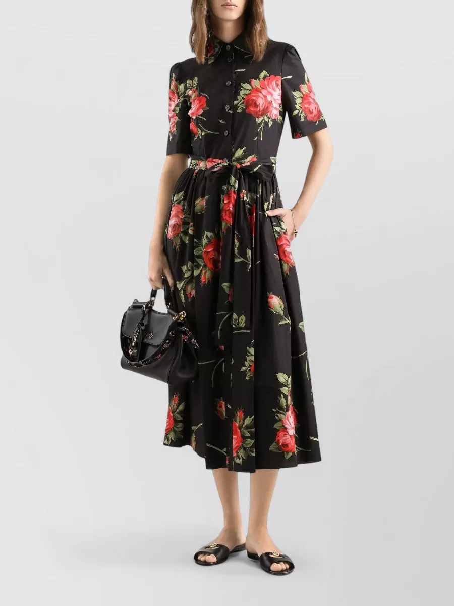 Dolce & Gabbana Rose Bouquet-print Poplin Shirt Dress Clothing In Black
