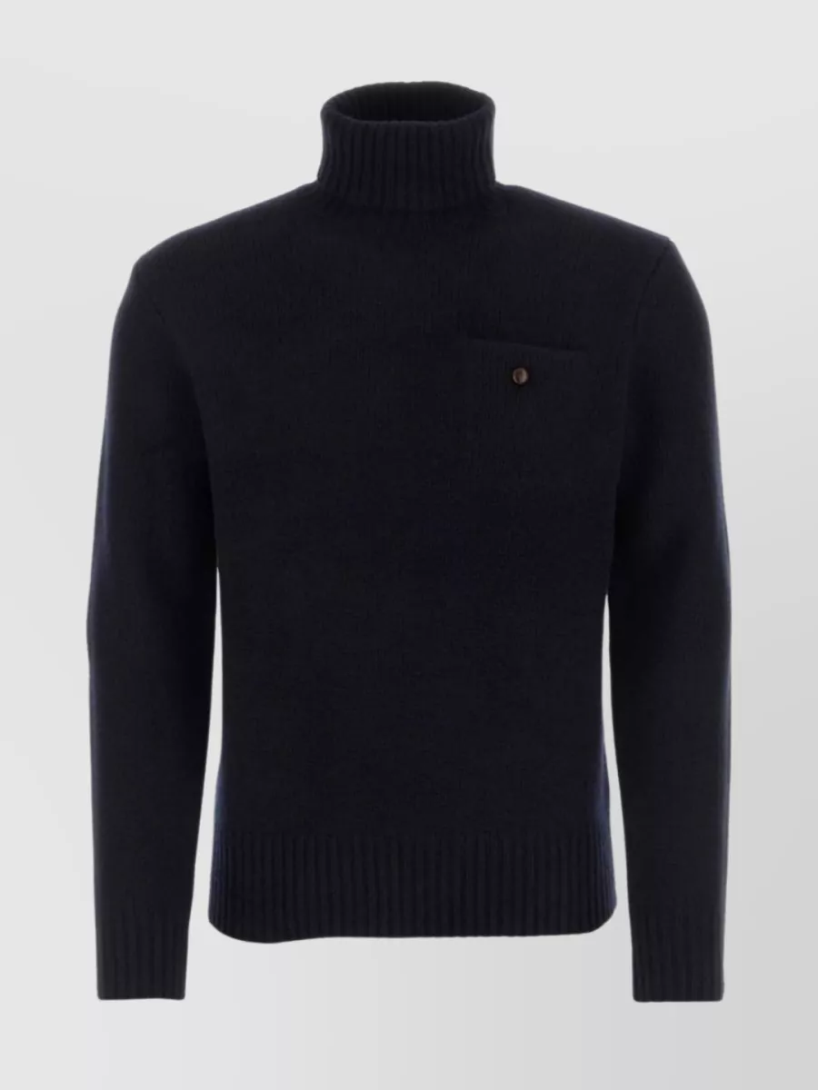 Shop Polo Ralph Lauren Wool Blend Turtleneck With Ribbed Trim And Buttoned Chest Pocket In Blue
