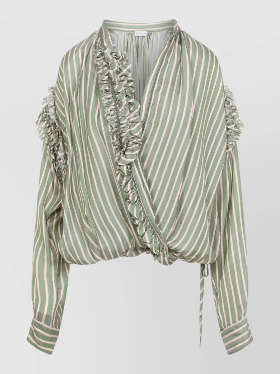 Dries Van Noten Striped Ruffled Wrap V-Neck Long-Sleeve Blouse