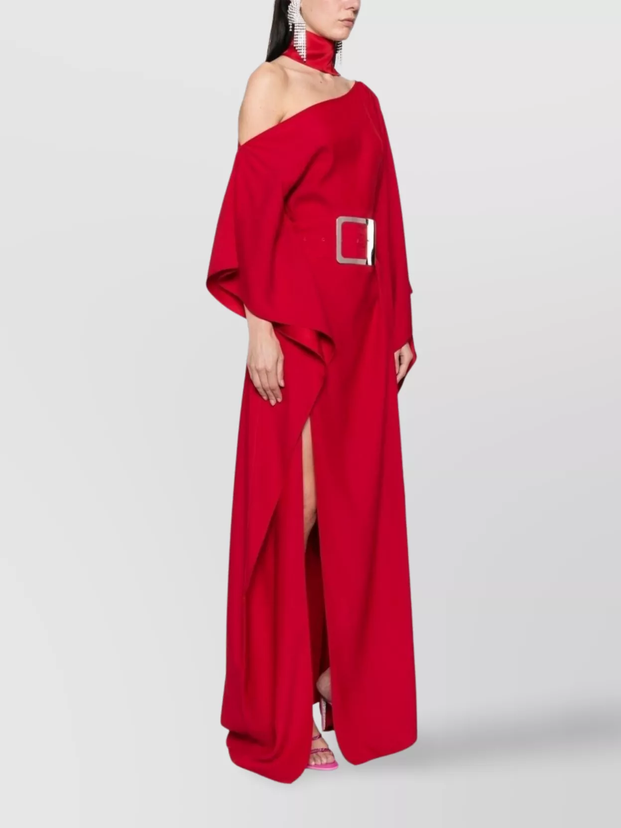 Taller Marmo Draped One Shoulder Long Dress With Sash Detail