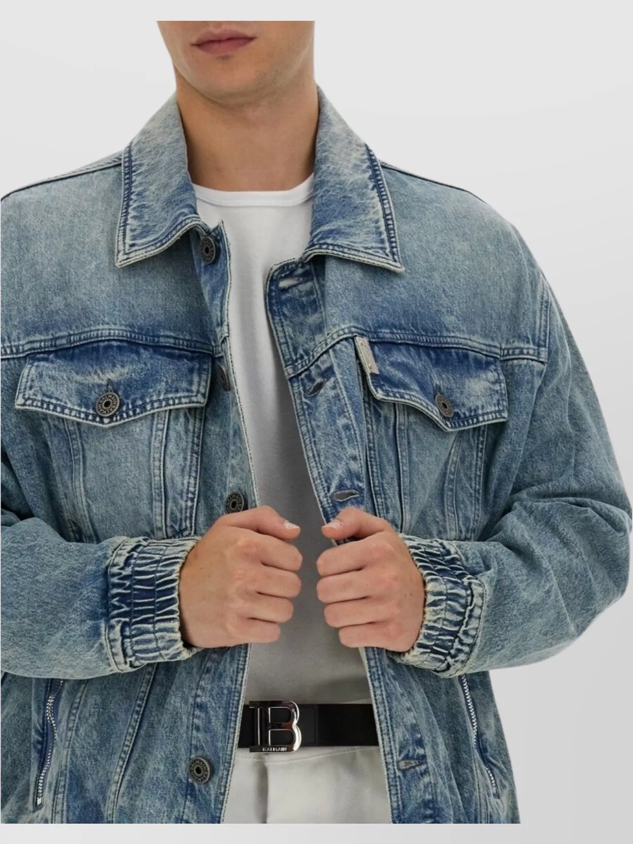 Shop Balmain Denim Jacket With Chest And Side Pockets