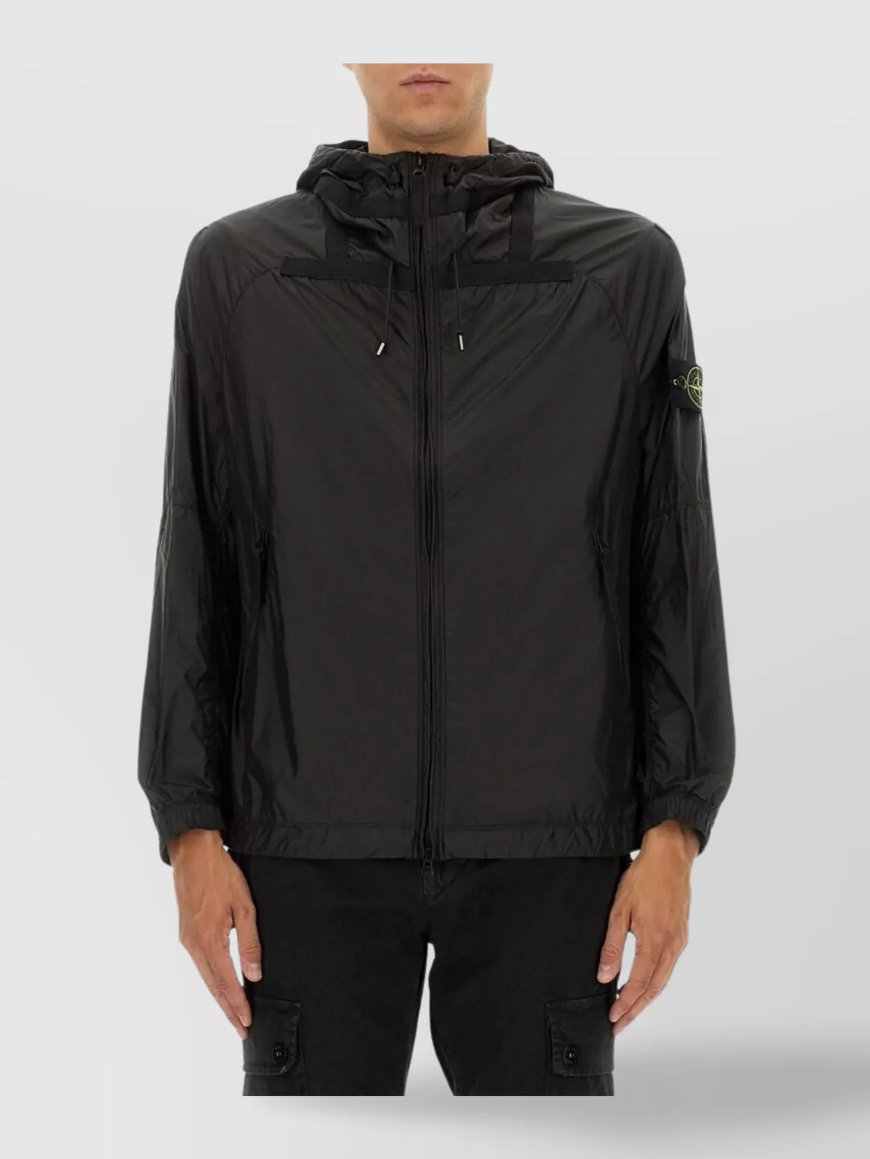 Stone Island Hooded Jacket With Elasticated Cuffs And Side Pockets In Black