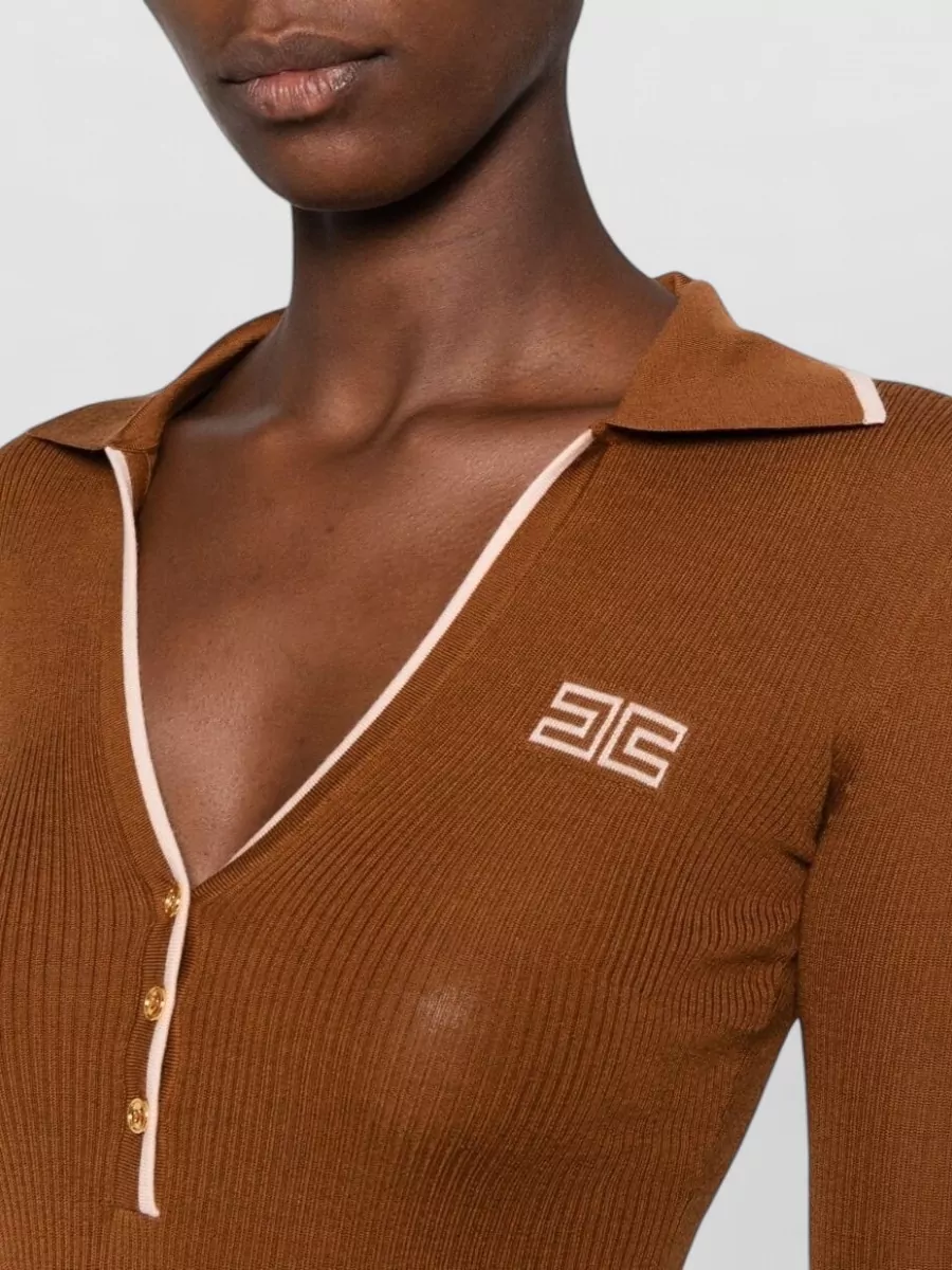 Elisabetta Franchi Fine-Knit Wool V-Neck Polo Top