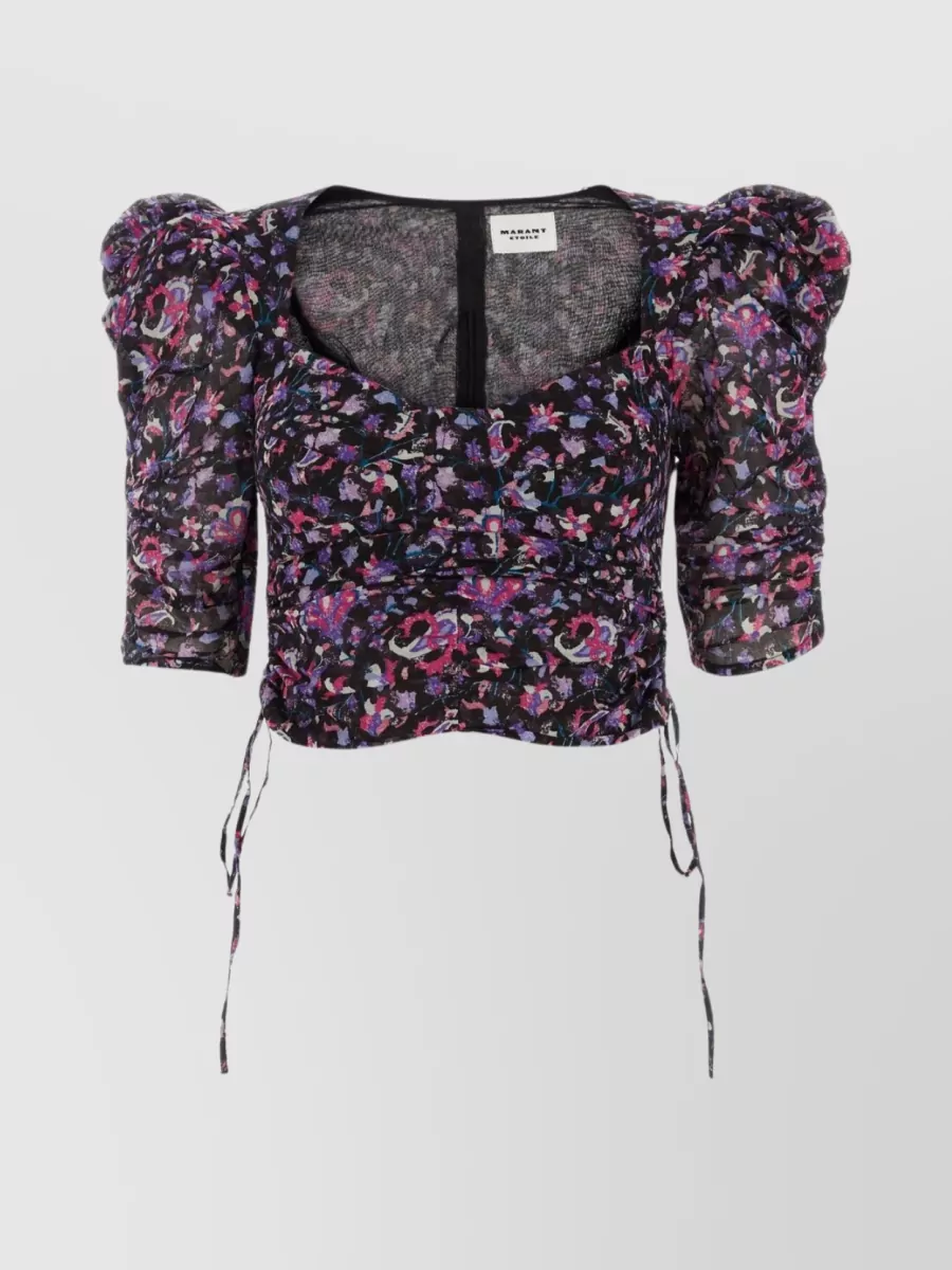 Shop Isabel Marant Étoile Cotton Floral Ruched Top With Sheer Sleeves In Black