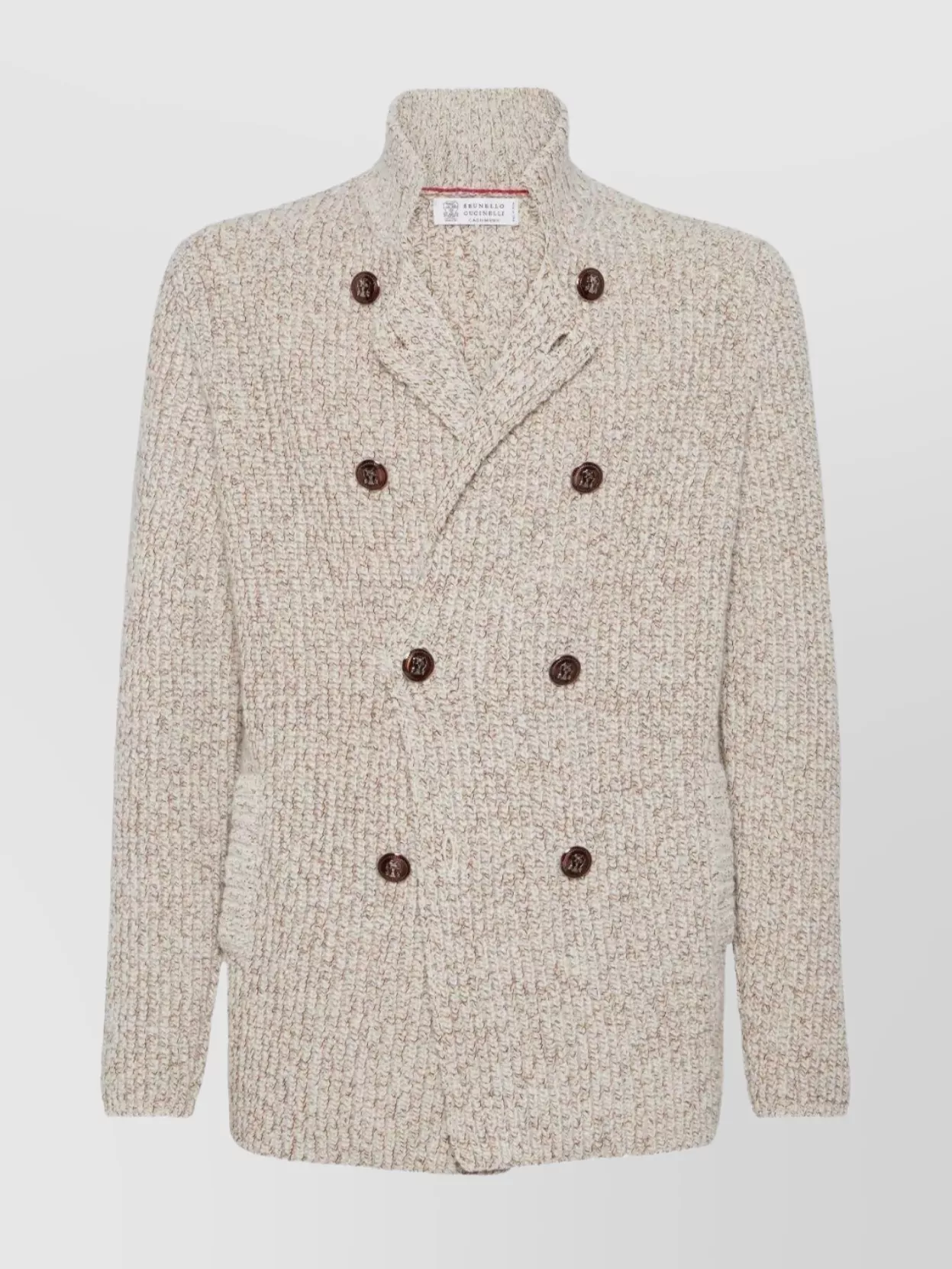 Brunello Cucinelli Textured Knit Double-breasted Jacket With High Collar In Neutral