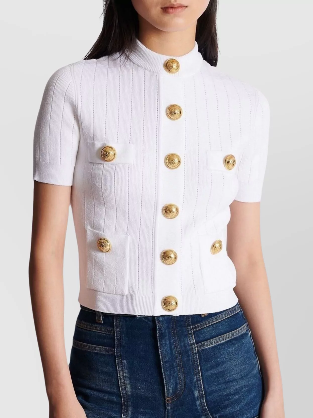 Balmain Round Neckline Short Sleeve Knit Cardigan