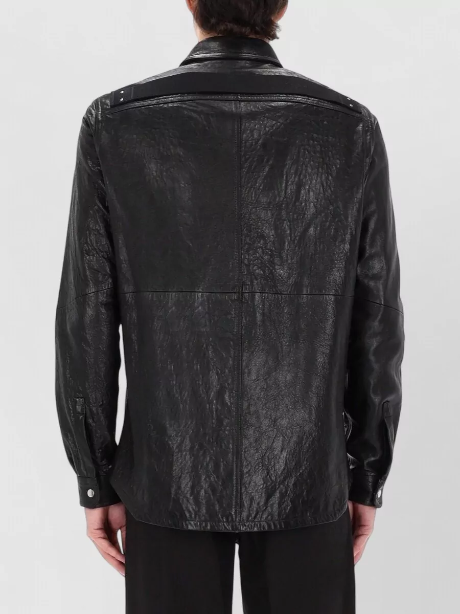 Rick Owens Leather Jacket Collared Neck Chest Pockets