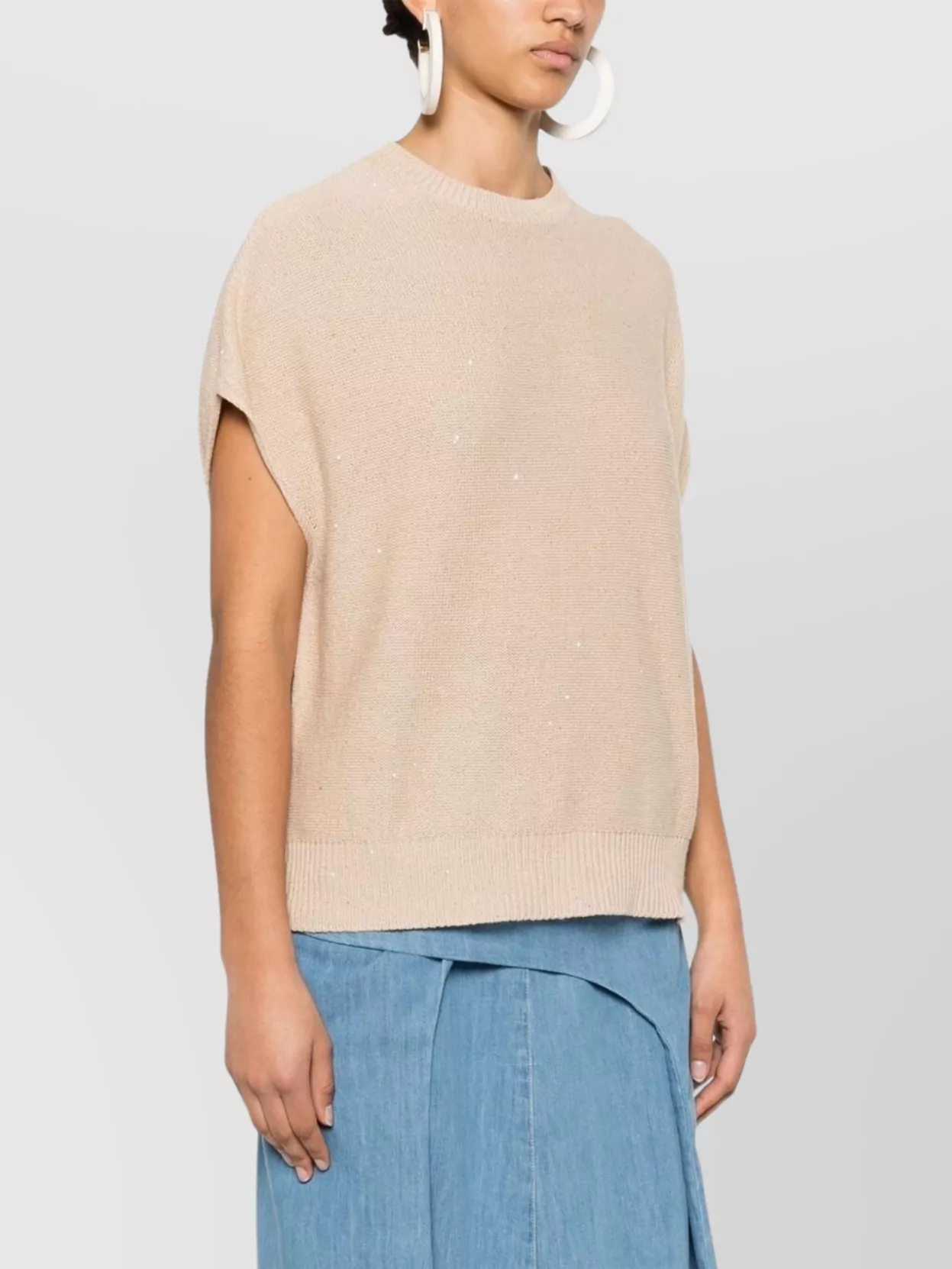 Shop Fabiana Filippi Crewneck Sweater With Cap Sleeves And Sequin Embellishment