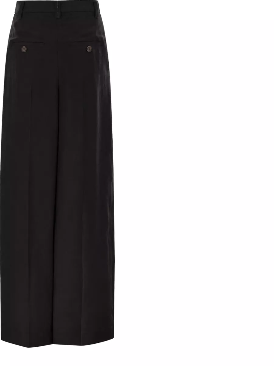 Brunello Cucinelli Wide-leg tailored trousers — The high-waisted long wide-leg in deep black mirrors the tux-inspired mood and extends the jacket’s sheer tail into a clean evening column.
