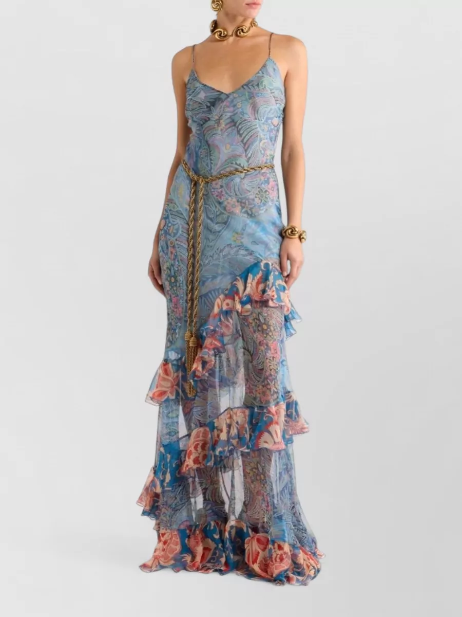 Etro Silk Floral-Print Ruffled Spaghetti-Strap V-Neck Maxi Dress