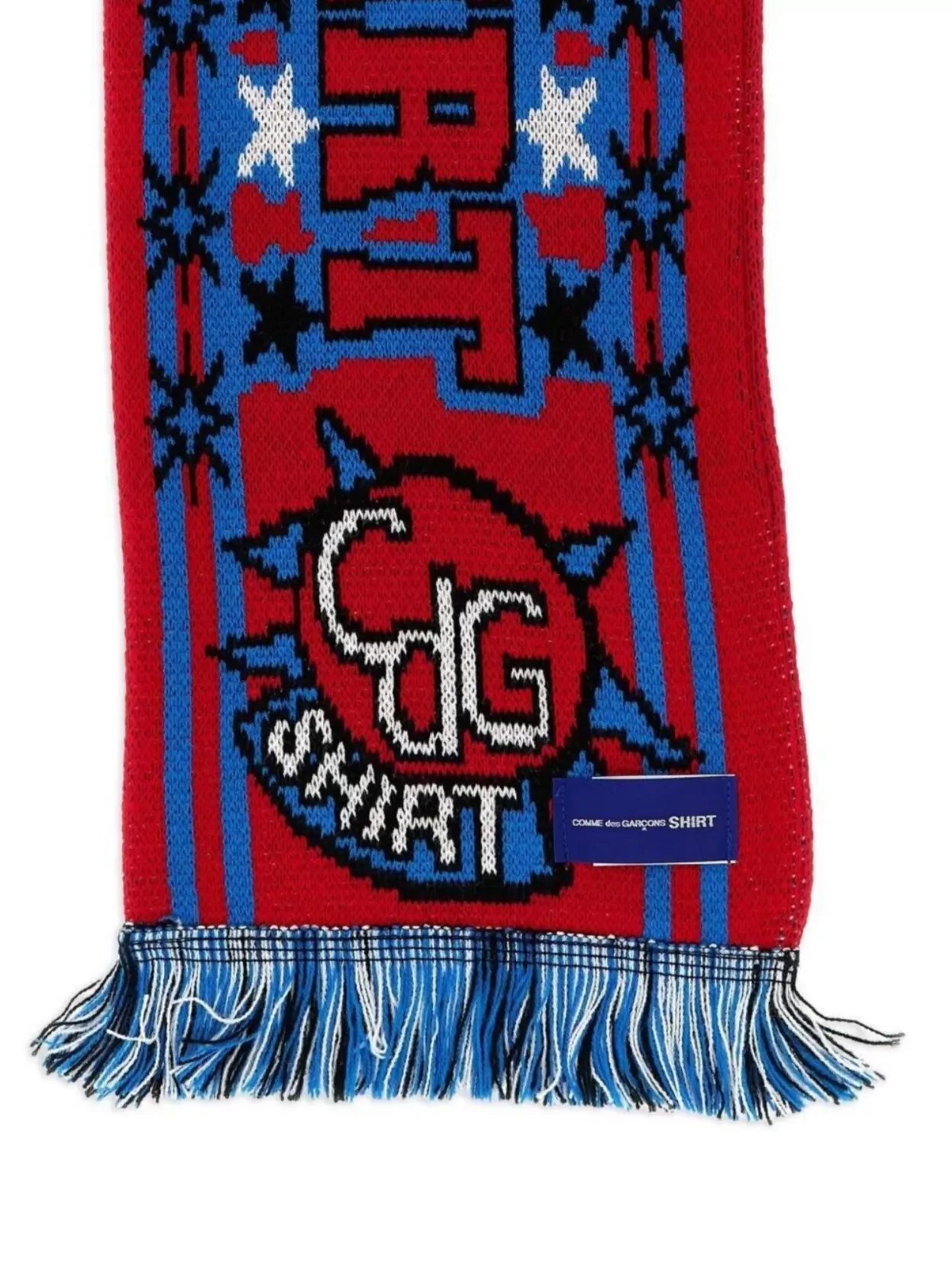 Comme Des Garçons Graphic Knit Scarf Fringe Detail