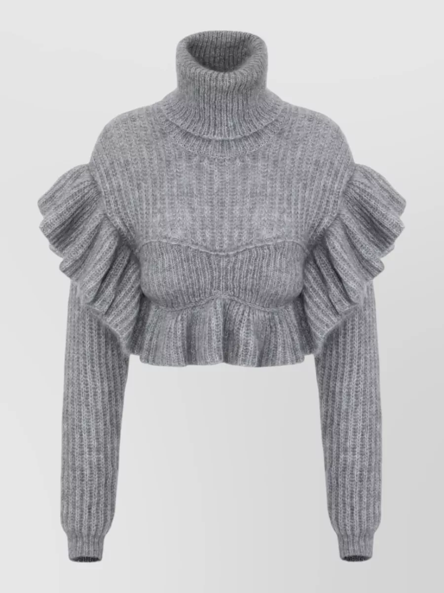 Elisabetta Franchi mohair ribbed ruffled turtleneck cropped sweater