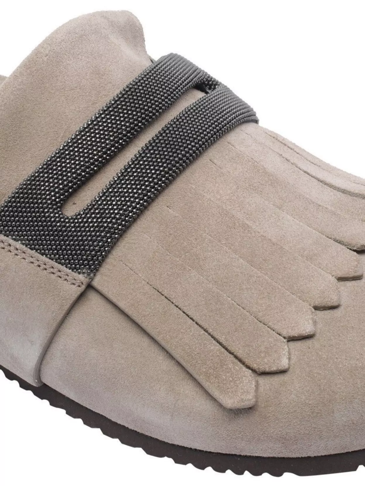 Brunello Cucinelli Fringed Suede Slippers Textured Strap