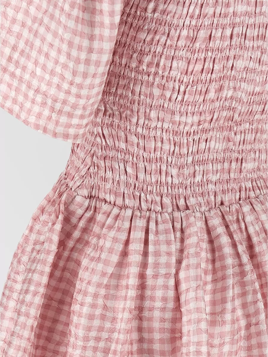 Ganni Textured Checked V-Neck Short-Sleeve Mini Dress
