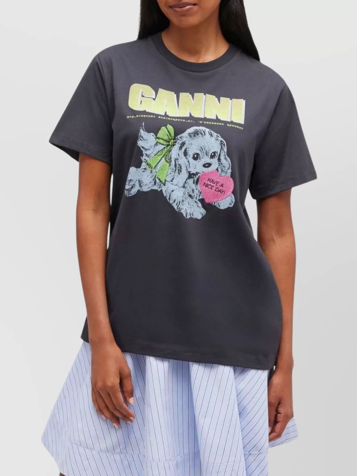 Ganni Organic Cotton T-shirt Featuring Dog Graphic In Blue