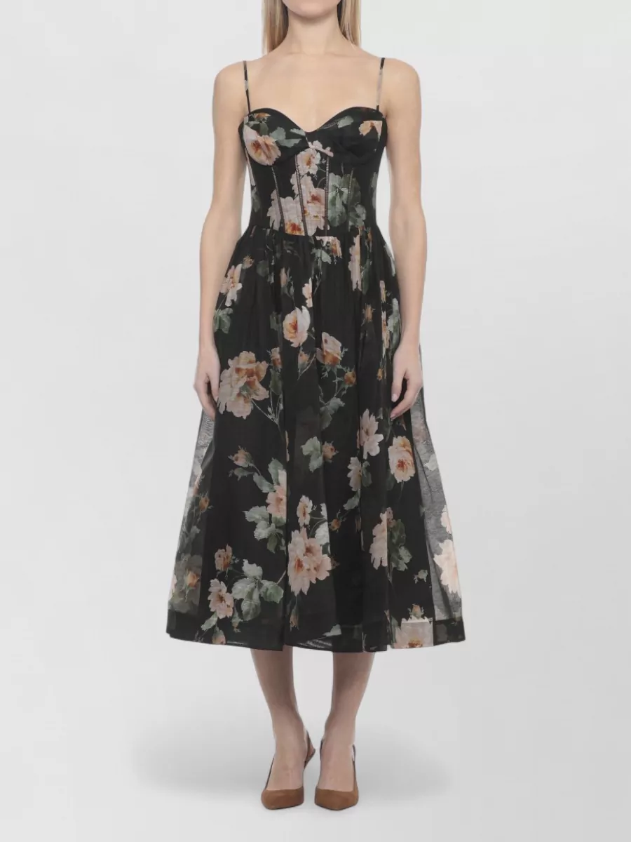 Zimmermann Linen And Silk Floral-Print Corset Midi Dress