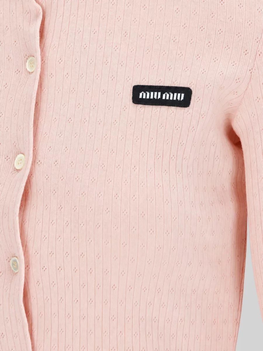 Miu Miu Pointelle-Knit Cotton Crewneck Cardigan