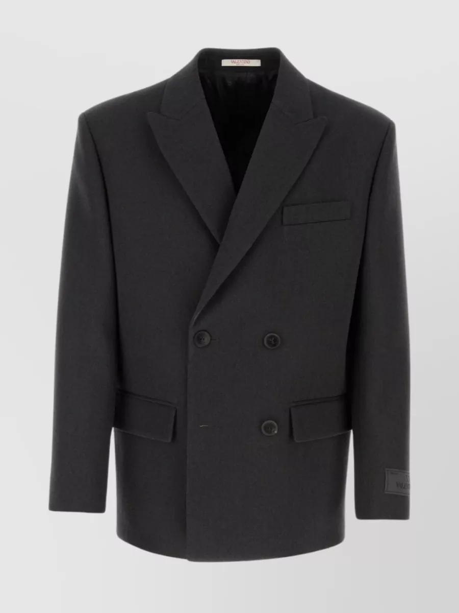 Shop Valentino Padded Shoulders Structured Wool Blazer In Grey