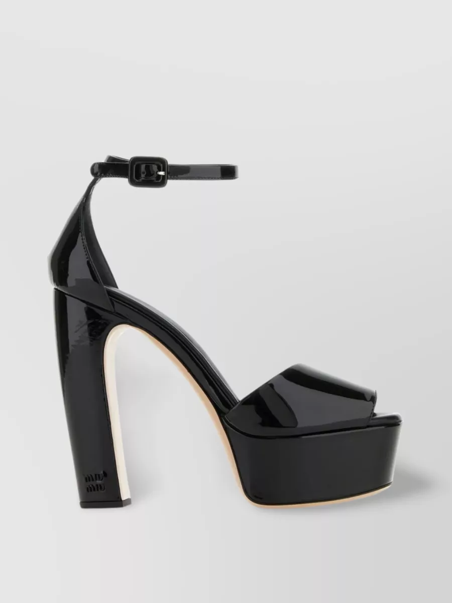 Shop Miu Miu Leather Sandals With Chunky Heel And Glossy Finish In Black