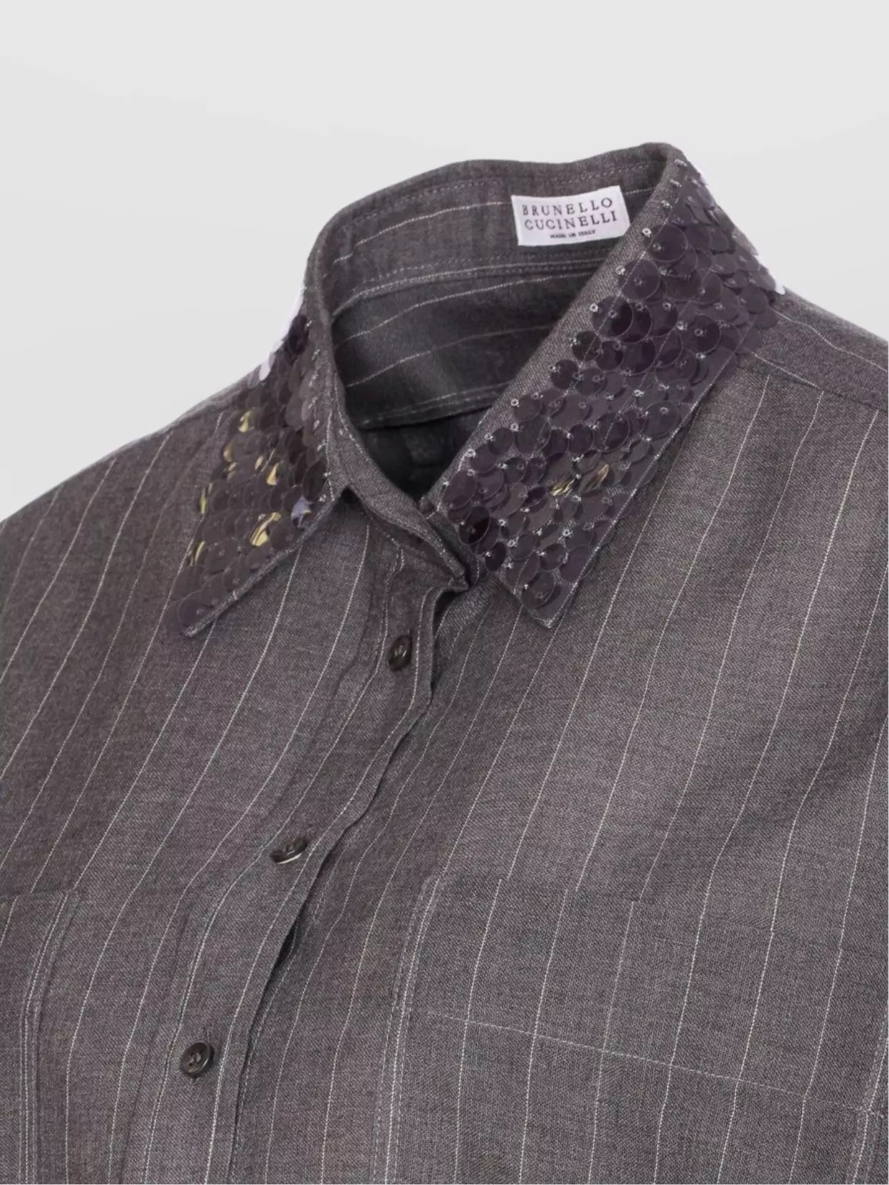 Brunello Cucinelli Striped Sequin Collar Long Sleeve Top