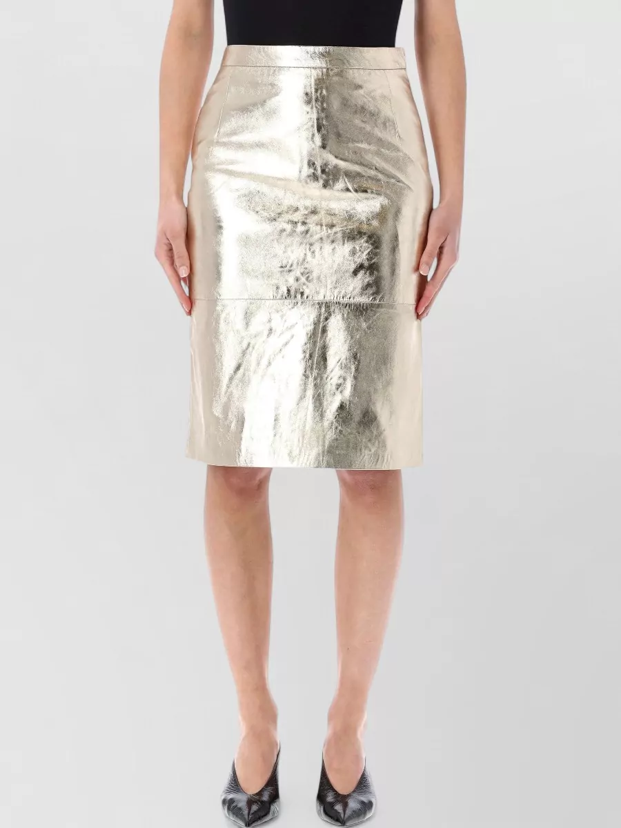 Rotate Leather High-Rise Paneled Midi Pencil Skirt
