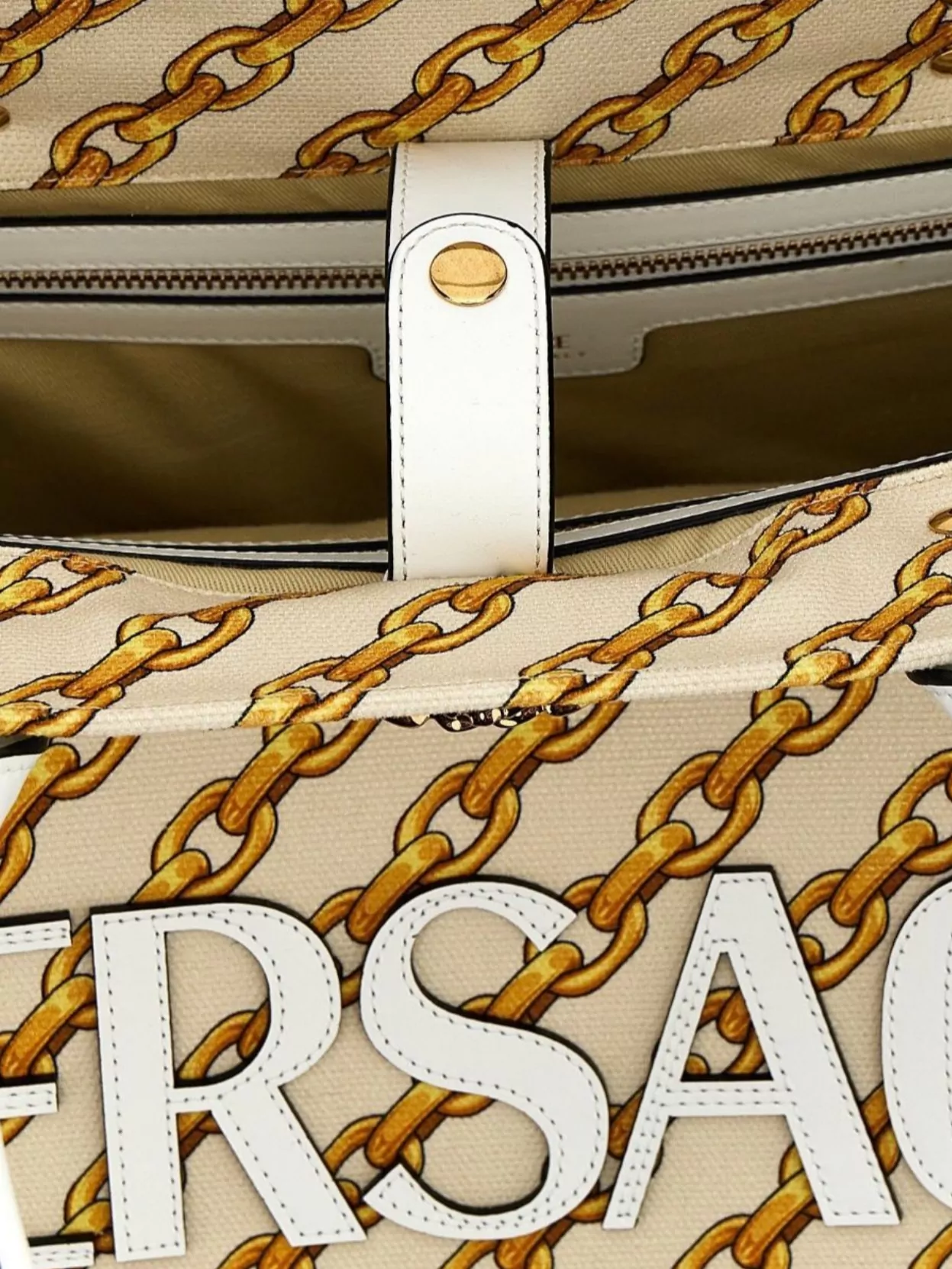 Versace Striped Chain Top Handle Tote Bag