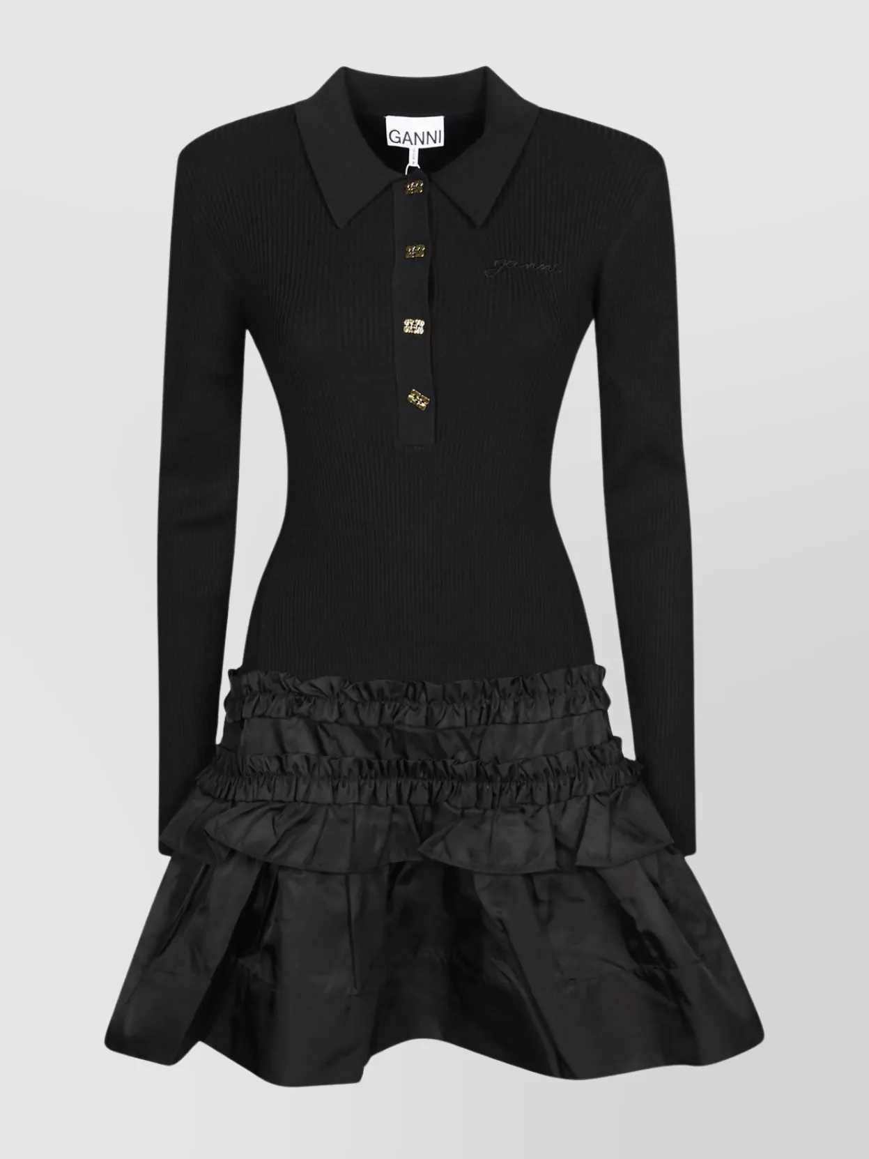 Ganni Ribbed knit polo mini dress