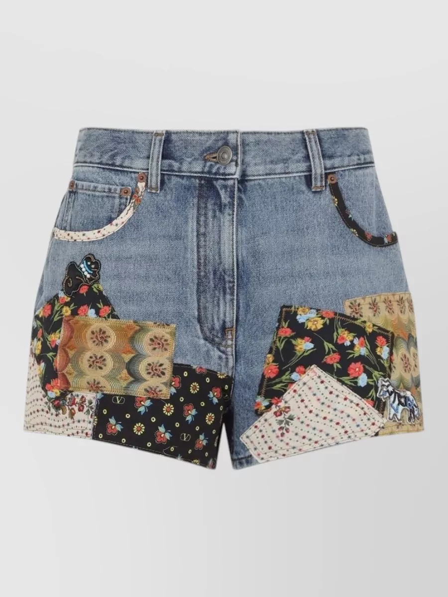 Valentino high-rise patchwork denim short shorts