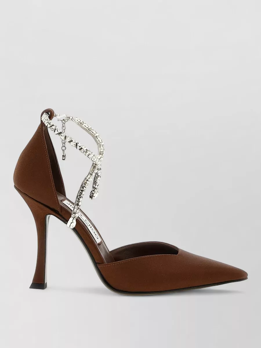 Jimmy Choo Stevie Pumps Ankle Strap Embellished Satin Pointed In Brown