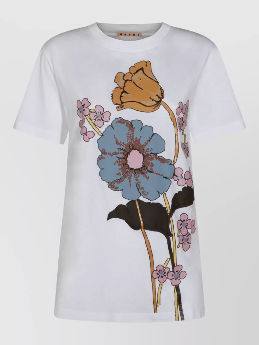 Marni Floral Print Round Neck Short Sleeve Top In Pattern