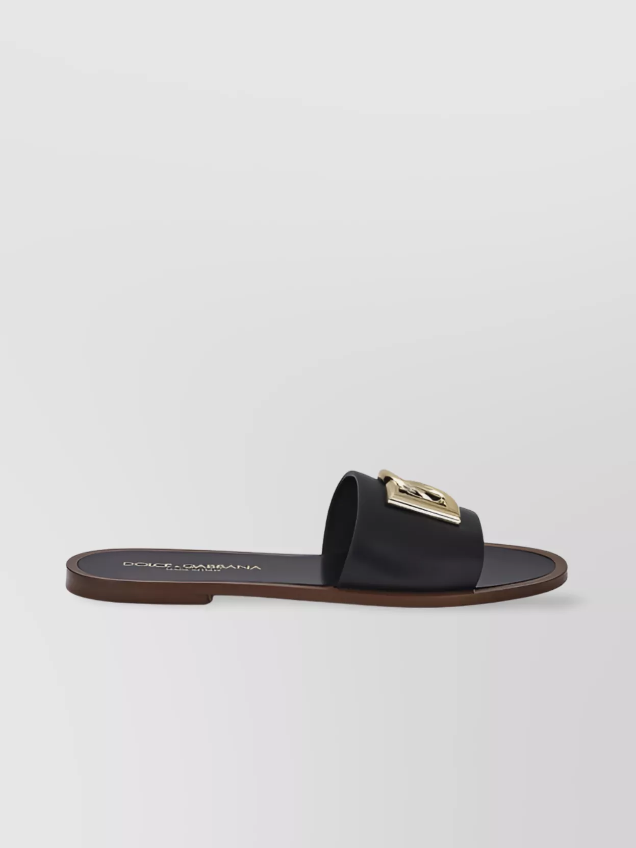 Dolce & Gabbana Flat Leather Slide Sandals With Front Embellishment In Black
