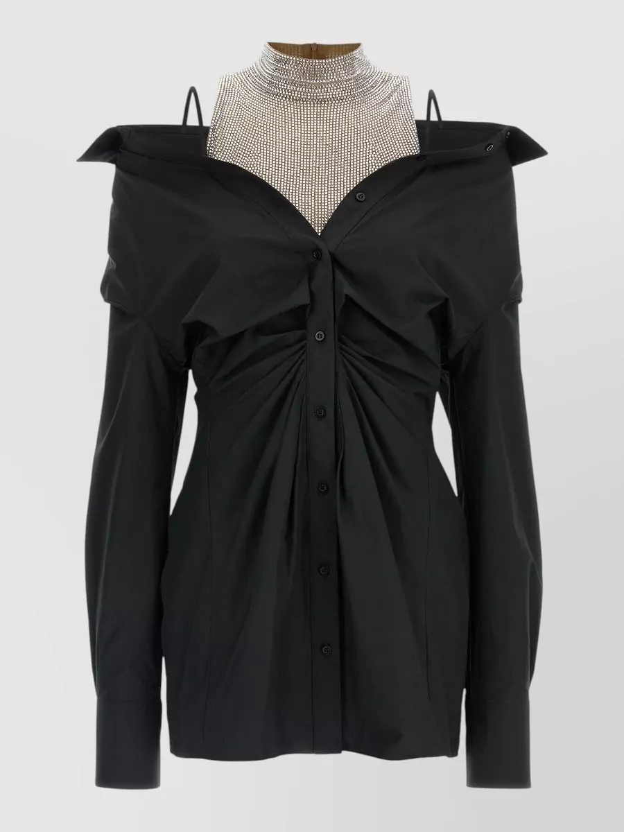 Giuseppe Di Morabito Cotton Rhinestone Appliqué High-Neck Cropped Mini Chemisier Dress
