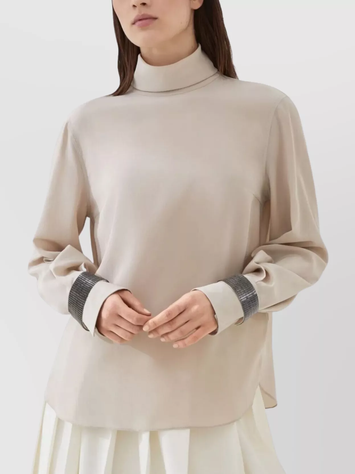 Brunello Cucinelli Embellished Cuffs High Neck Blouse In Neutral