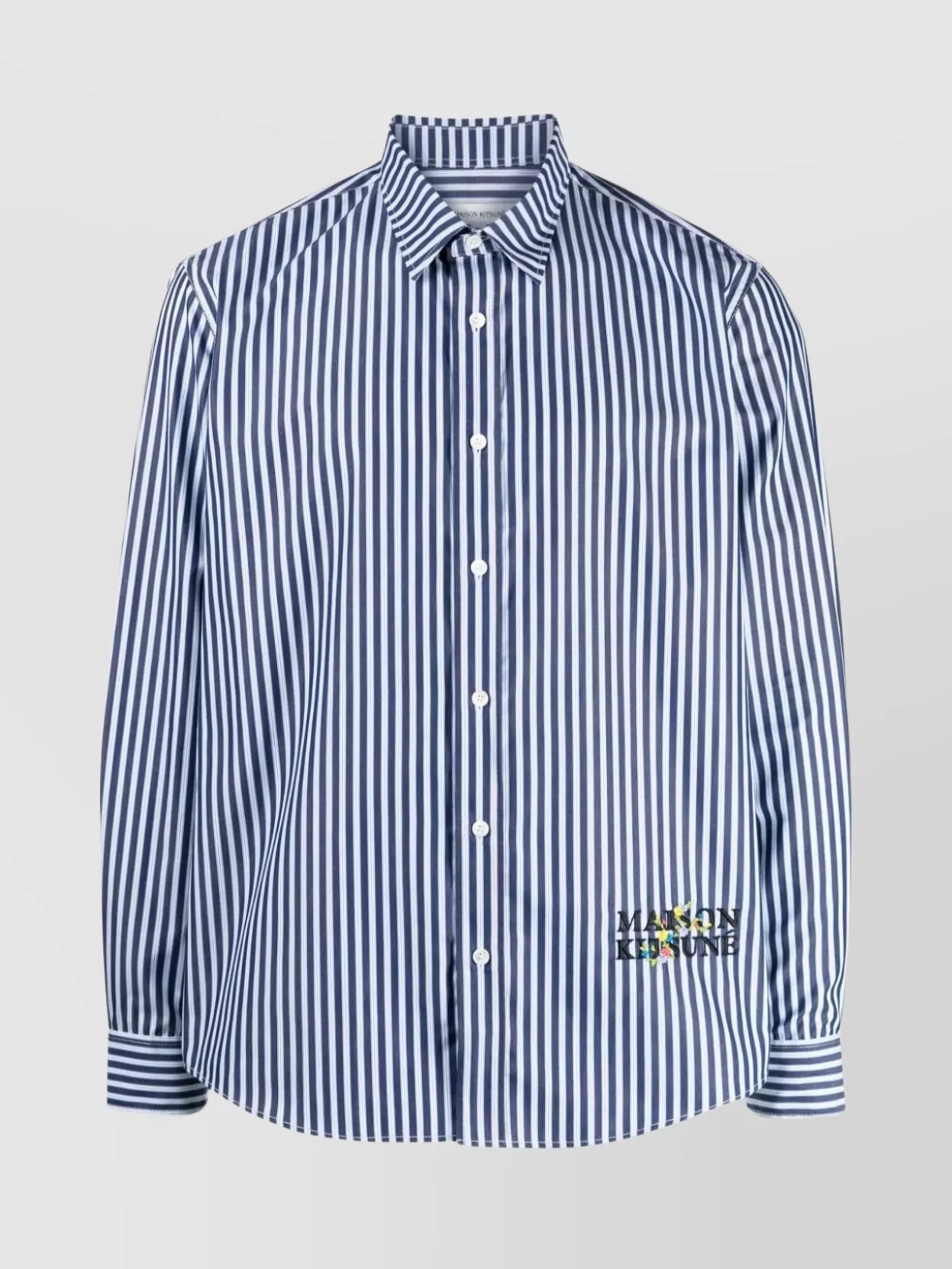Shop Maison Kitsuné Striped Shirt With Curved Hem And Floral Embroidery In White