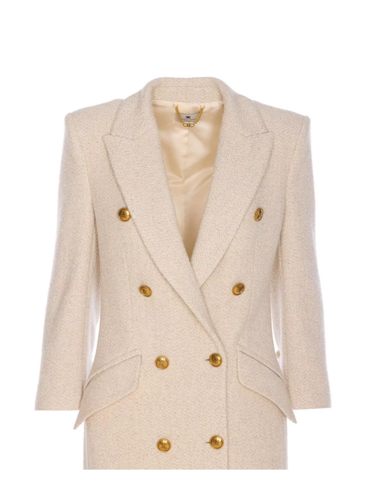 Elisabetta Franchi Boucle' Coat Double Breasted Flap Pockets In White